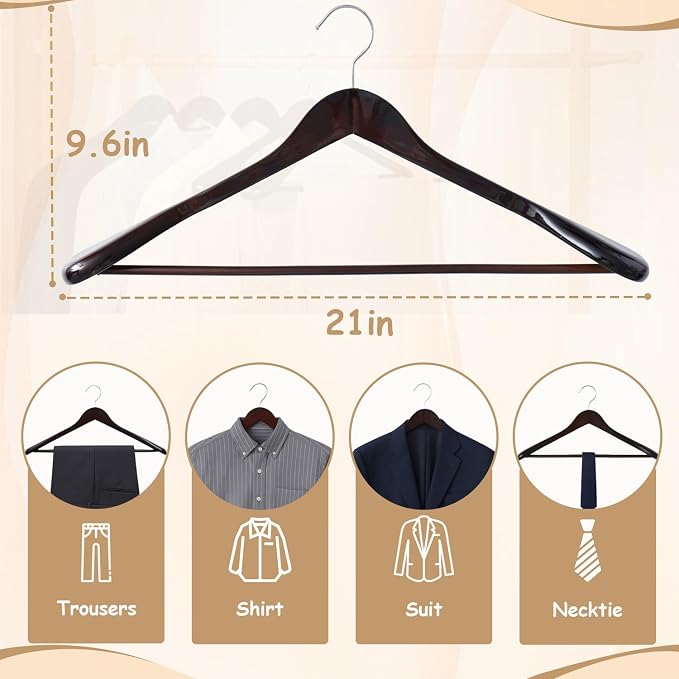 Urby 6pk 21 inch Wide Shoulder Wooden Hangers, Black Wood Color | For Plus Size Cloth, No Shoulder Bump Design, Non Slip Pants Bar, For XXL Suit, Jackets, Heavy Cloths, Easy-to-Install Hook - Image 2