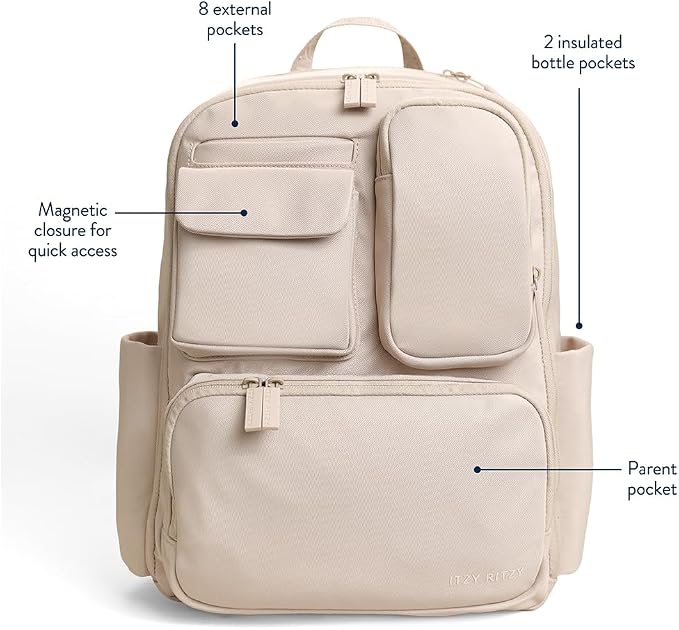 Itzy Ritzy Utility Diaper Bag Backpack – Features 17 Pockets (Including 2 Insulated Bottle Holders) & Trolley Sleeve and Includes Stroller Straps & Changing Pad – Part of The Belong Collection (Toast) - Image 3