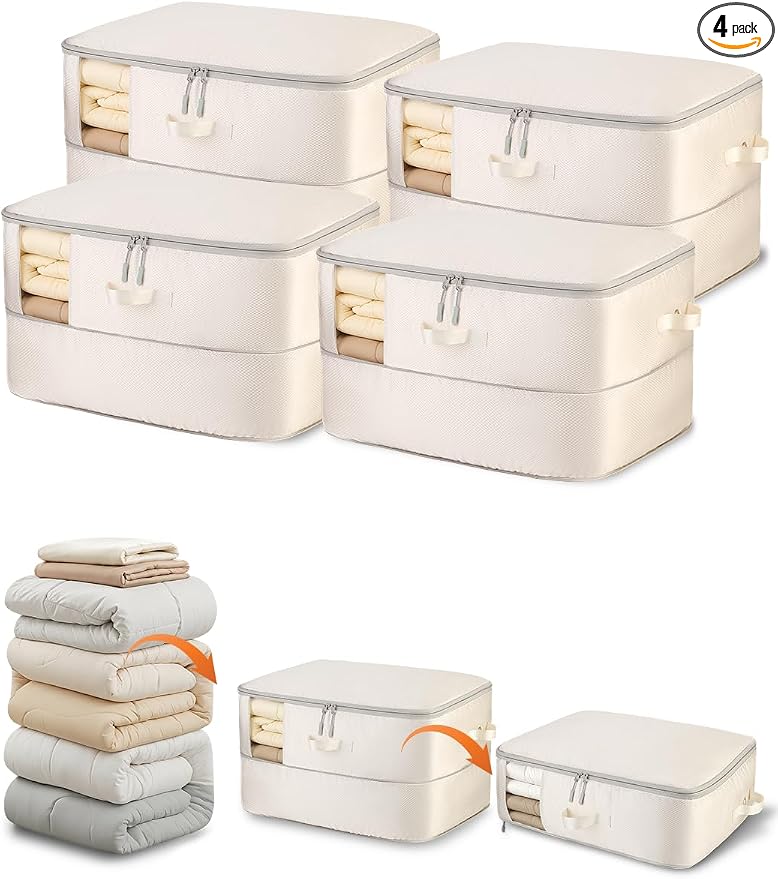 Comforter Storage Bag - 2-Layer 4-Pack Self Compression Organizer, Closet Organizers and Storage, Under Bed Space Saver, Blanket Organizer for Bedding, Pillow, Sheet, Clothes, Nursery Use by Unknown