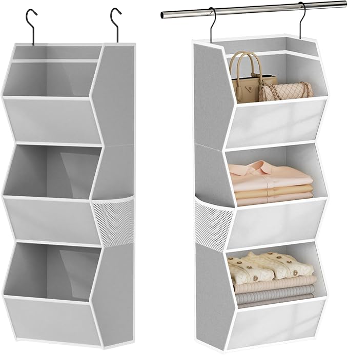 Closet Hanging Organizer with Pockets, 3 Shelf Hanging Clothes Organizers | Kids Closet Organizers and Storage for Clothes Fabric Hanging Storage Bins for Wardrobe Closet Organization and Storage, Grey by Wawocs