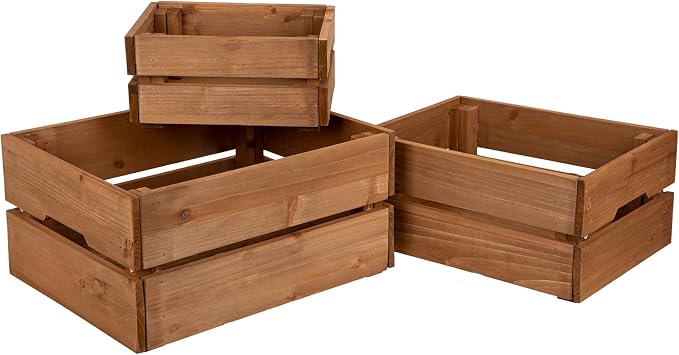 Set of 3 Rustic Wooden Storage Crates - Vintage Wood Storage Boxes with Handle for Home Organization Wooden Container Boxes Wood Baskets for Display Kitchen Pantry Cabinet Shelf Counter Home Decor - Image 8