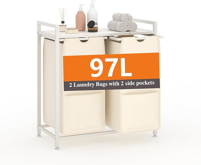 Garvee 97L Laundry Basket 2 Section, Laundry Hamper with Shelf & 2 Removable Bags, Dirty Clothes Basket Organizer for Bathroom Bedroom Room Organization, 2 x 12.8 Gal (48.5L), White and Beige | Laundry Basket with Shelf & 2 Removable Bags, Dirty Clothe... by Garvee