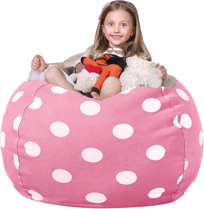 WEKAPO Stuffed Animal Storage Bean Bag Chair Cover for Kids | Stuffable Zipper Beanbag for Organizing Children Plush Toys Large Premium Cotton Canvas (Pink Dot, XX-Large) by Wekapo