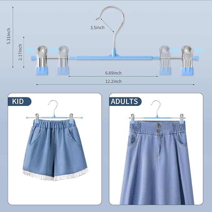 Pants Skirt Hangers with Clips, 20 Pack, Sky Blue, 12 Inch | Non-Slip,Adjustable metal wide clips,Space-Saving,Heavy duty, for pants/skirt/dress/trousers/jeans/shorts/leggings,Women - Image 3