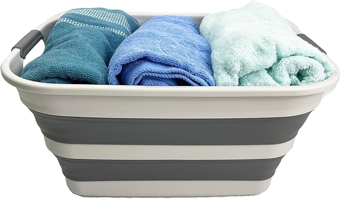 SMMART Collapsible Plastic Laundry Basket with Handle/Foldable Pop Up Storage Hamper/Portable Laundry Organizer-Space Saving Washing Tub/Household Storage Supplies (Grey/Steel Grey, 27L) - Image 2