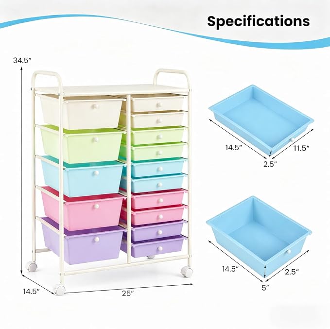 RELAX4LIFE 15 Drawer Rolling Storage Cart, Classroom Organization for School Teacher Office, Mobile Craft Art Supply Organizer, Utility Carts on Wheels for Paper Tools Scrapbook (Ice Cream Multicolor) - Image 3