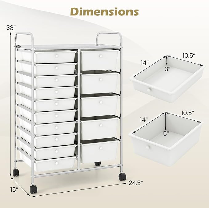 RELAX4LIFE 15-Drawer Rolling Storage Cart - Utility Cart with Metal Frame, Lockable Wheels & Removable Drawers, Multipurpose Art Craft Organizer for Home Office, Classroom (White) - Image 3