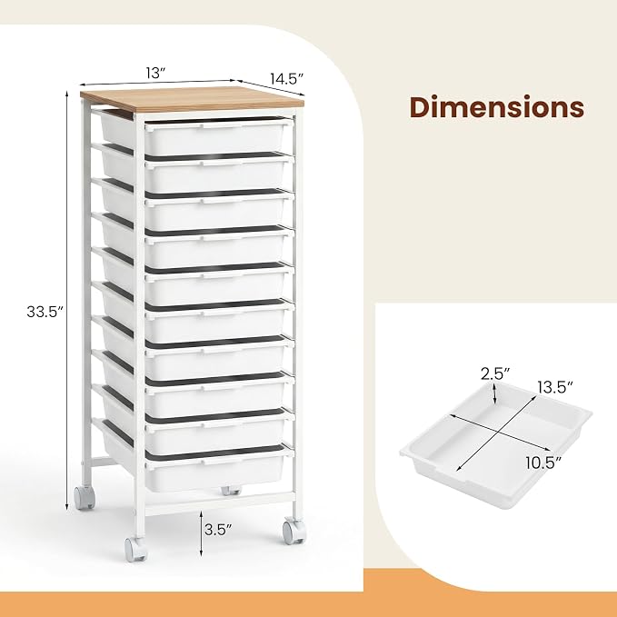 Giantex Rolling Storage Cart with 10 Drawers, Utility Cart w/Wooden Tabletop, Lockable Wheels, Multipurpose Organizer for Art Craft Books Paper, Drawer Carts for Dorm Classroom Office, White - Image 3