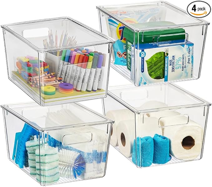 ClearSpace Storage Bin with Lid, Pantry & Desk Organizer, XL, 4 Pack | Plastic storage bins with lids for pantry, desk, and home organization by ClearSpace