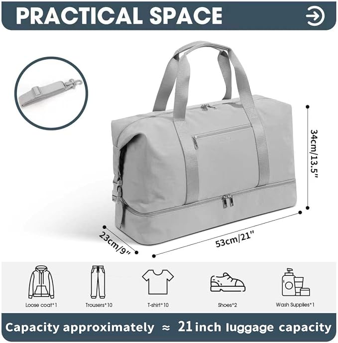 Oeihuivt Weekender Bags for Women - 21 Inch Large Travel Duffel Bag with Shoe Compartment, Heavy-Duty Canvas Leather Carry On Overnight Tote, Lightgray - Image 3