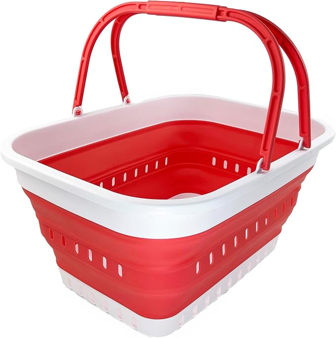 SAMMART 26L (6.8 Gallons) Collapsible Plastic Laundry Basket with Handle-Foldable Pop Up Storage Basket with handle (White/Coral Pink) by SAMMART