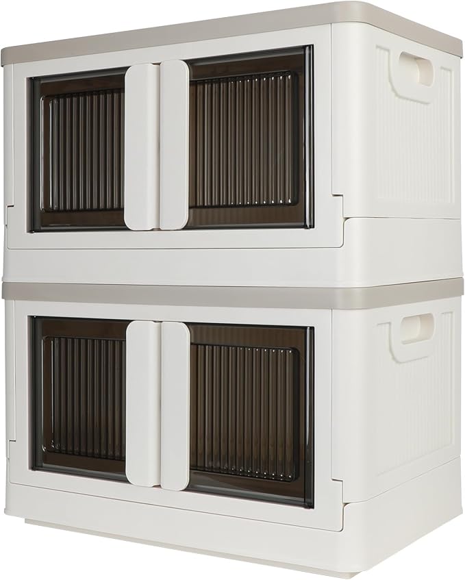 Storage Box, Collapsible Cabinet, 8.4 Gallon (32L) Each One, 2 Packs, Useful Box with Lids, Foldable Drawer, Organizers for Home and Office, Milk White by AssHMKITOfficial