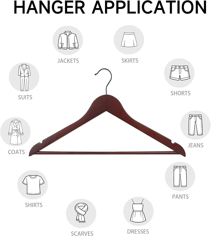 Wooden Clothes Hangers with Pants Bars, Mahogany, 12-Pack | Heavy Duty Solid Wood Suit & Coat Hangers with Swivel Hook & Shoulder Notches, for Shirts, Jackets, Dresses & Trousers - Image 5