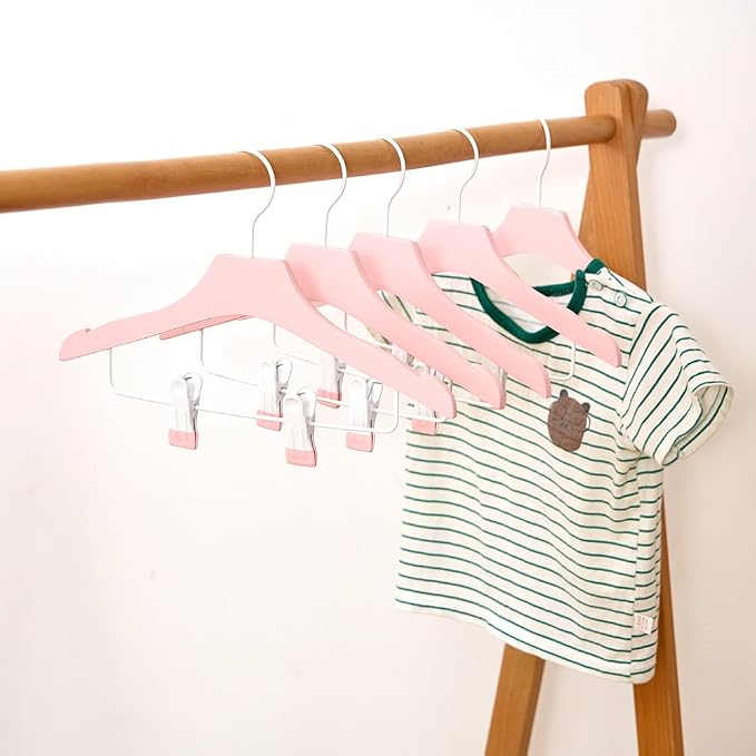 Pink 12.7" Ultra-Thin Wooden Children Closet Clothes Clips Hangers 20PCS Wood Baby Kids Coat Hangers for Infant Toddler Newborn Jumpsuit Pants Skirts Jeans Space Saving Heavy Duty Durable - Image 5