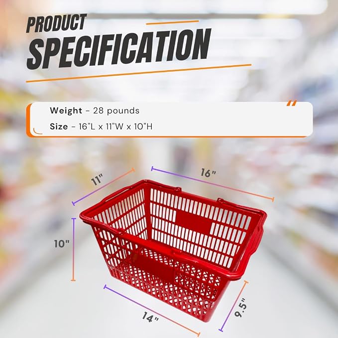 Stackable Plastic Shopping Baskets, Red and Blue, Easy-Grip Handles for Grocery, Retail, Liquor Stores, Home Use (12-pack, Red) - Image 6