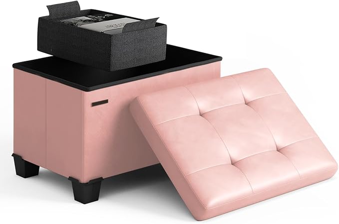 Storage Ottoman Cube with Small Bin, 16-in Square Ottoman with Storage for Living Room and Bedroom, Small Ottomans Foot Rest, Leather Foot Stools Ottomans Max 330lbs, Pink by STORAGEBUD