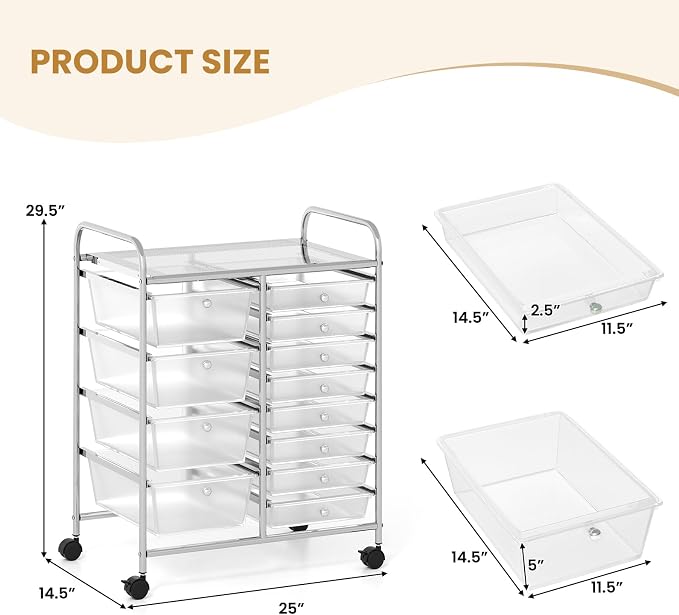 COSTWAY 12 Drawer Rolling Storage Cart, Utility Cart with Metal Frame | Mobile Art Supply Craft Organizer, Multipurpose Storage Organizer for Paper, Office, School Teacher, Classroom, Transparent - Image 3