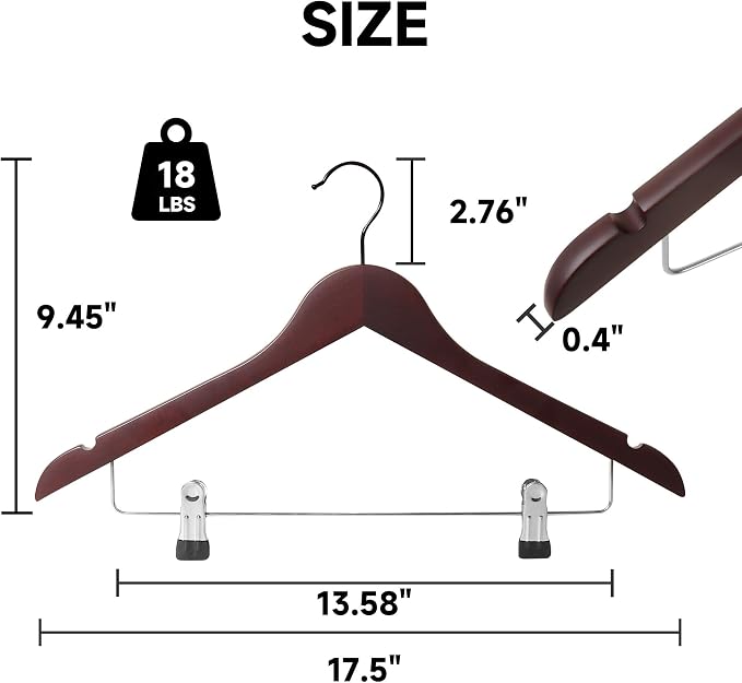 Wooden Hangers with Adjustable Metal Clips, 12-Pack, Dark Cherry | Solid Wood Hangers with 360° Rotatable Hook for Skirt, Dress, Coats, Jacket and Pants, Space-Saving and Non-Slip Design - Image 2