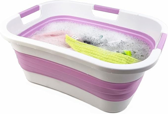 SAMMART 30L (7.9 gallon) Collapsible Plastic Laundry Basket - Foldable Pop Up Storage Container/Organizer - Portable Washing Tub - Space Saving Hamper/Basket (1, White/Pale Purple) - Image 6