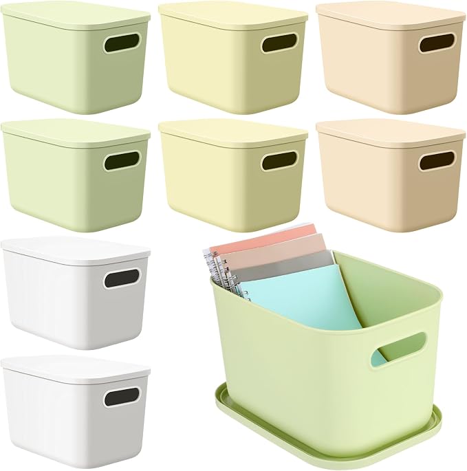 8 Pcs Storage Bins with Lids, Light Color, 9.8 x 7 x 6.3 Inch | Plastic Stackable Containers with Handle, Cube Box for Shelves Cabinets Desktop, Organizer for Office Bedroom Closet by Hoolerry