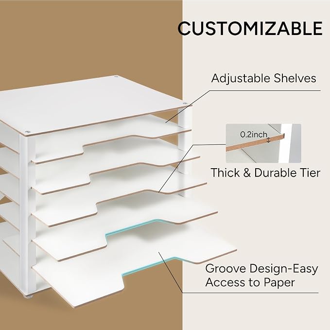 Construction Paper Organizer 12" x 18", 6-Tiers Paper Storage | Movable Wooden Desktop Organizer, Letter Tray for Office, Home, Classroom - Image 4
