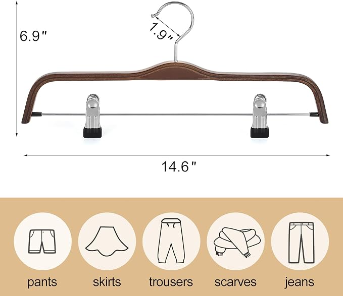 TOPIA HANGER Wooden Pants Hangers, Slim Natural Wood Skirt Hangers with Anti-Rust Hook and Adjustable Metal Clips, Perfect for Skirts, Pants, Slacks-20 Pack-CT17A20 - Image 3