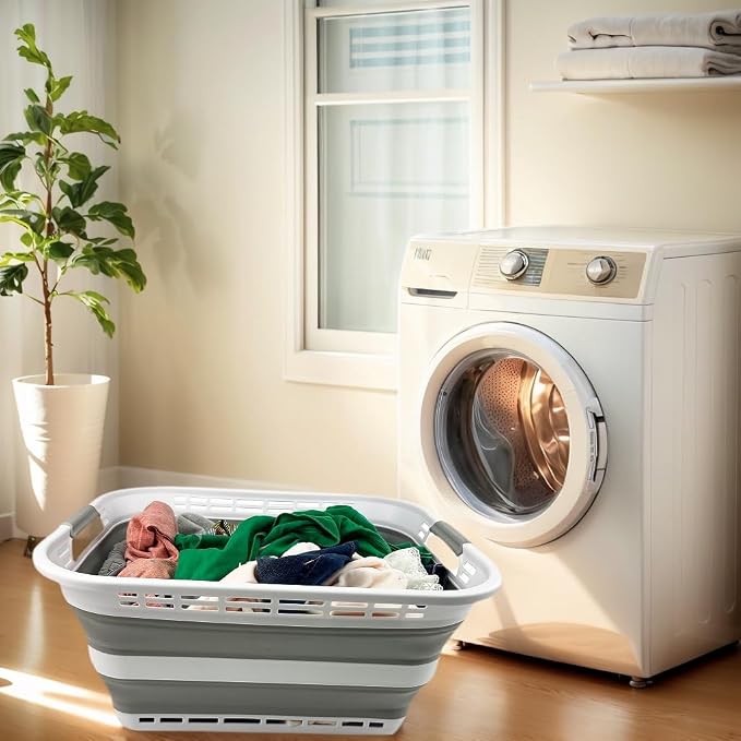SAMMART 42L (11 Galloons) Collapsible Plastic Laundry Basket - Foldable Pop Up Storage Container/Organizer - Portable Washing Tub - Space Saving Hamper/Basket [BPA Free] (White/Grey (Set of 2)) - Image 2