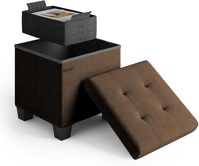 Storage Ottoman Cube with Small Bin, 15-in Square Ottoman with Storage for Living Room and Bedroom, Small Ottomans Foot Rest, Velvet Foot Stools Ottomans Max 330lbs, Brown by STORAGEBUD