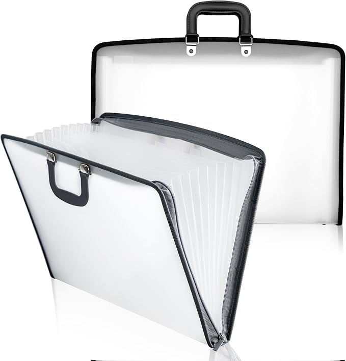 Dunzoom 2 Pack 11 x 17 Art Portfolios, Expanding File Organizer with 13 Pocket for Artwork, Painting Document Binder with Handle, Zipper and 120 Pcs Sticky Labels, Oxford Cloth Edge (Black and Grey) by Dunzoom