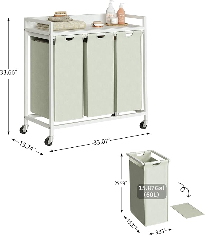 Herture Laundry Hampers with Shelf, Laundry Basket 3 Section, 3 x 15.87 Gal | Laundry Sorter with Pull-Out Removable Large 3 White Bags and Movable Wheels, Metal Frame, White PF04XLW - Image 4