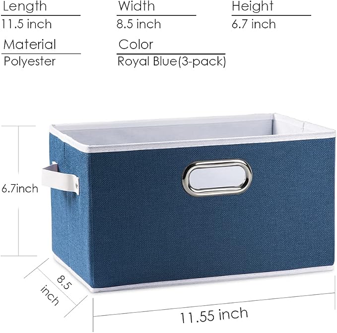 Fodable Storage Bins for Closet [3-pack] Decorative Fabric Storage Baskets Cubes with Leather/Metal Handles for Shelves Bedroom Living Room Royal Blue (11.5x8.5x6.7 Inch) - Image 6