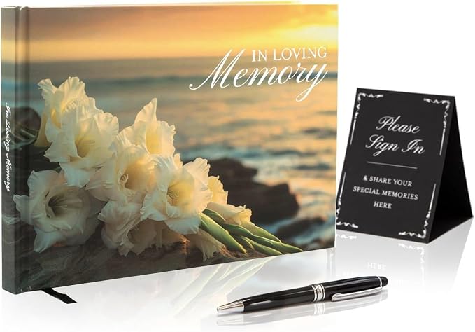 Ocean Hardcover Funeral Guest Book - 9.5 x 7 Celebration of Life Guestbook for Memorial Service with 5x7 Paper Sign, Pen, Black Photo Corner Stickers by ModernAlbumDesigns