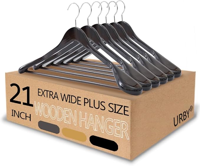 Urby 6pk 21 inch Wide Shoulder Wooden Hangers, Black Wood Color | For Plus Size Cloth, No Shoulder Bump Design, Non Slip Pants Bar, For XXL Suit, Jackets, Heavy Cloths, Easy-to-Install Hook by Urby