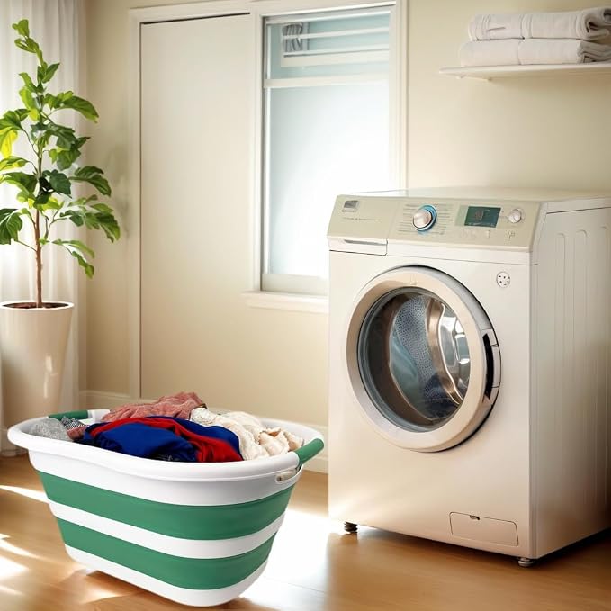 SAMMART 40L (10.5 gallon) Set of 2 Collapsible Plastic Laundry Hamper - Foldable Pop Up Storage Container/Organizer - Portable Washing Tub - Space Saving Basket (2, White/Winter Green) - Image 4