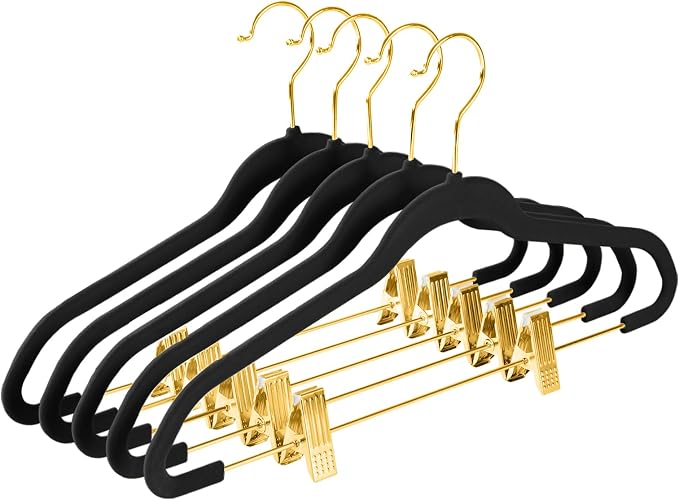 MIZGI Premium Velvet Pants Hangers with Adjustable Clips (Pack of 30) Slim Skirt Hangers- Non Slip Felt Outfit Dress Hangers Black - Gold Hooks,Space Saving Shirt Clothes Hangers by MIZGI