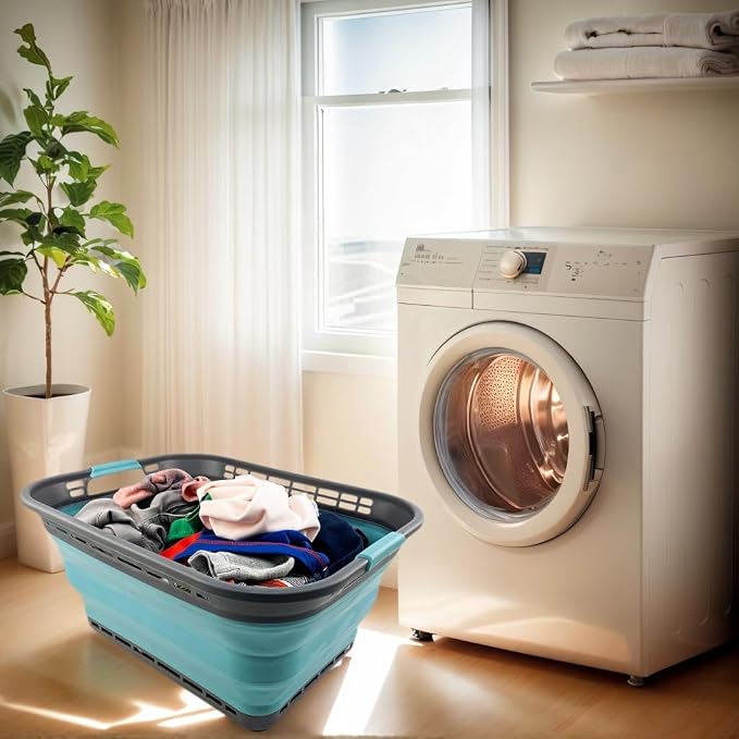 SAMMART 42L (11 Galloons) Collapsible Plastic Laundry Basket - Foldable Pop Up Storage Container/Organizer - Portable Washing Tub - Space Saving Hamper/Basket[BPA Free] (Grey/Crystal Blue (Set of 2)) - Image 3