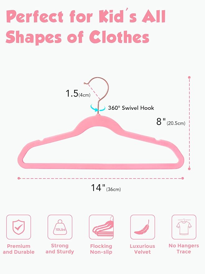 Kids Velvet Hangers 50 Pack, 14 Inch Premium Non Slip Kids Felt Hangers for Closet, Space Saving Toddler Clothes Hanger for Youth's Childrens' Clothes (Rose Gold Hook)- Pink | Premium Kids Hangers for Closet Storage, Space Saving Toddler Clothes Hanger... - Image 4