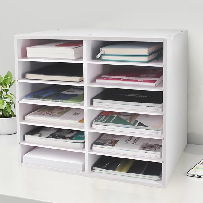 SONGWAY Desk Paper Storage Organizer - 12-Slot Literature Organizer with Adjustable Shelves, Countertop Mail Sorter Organizer, Desk File Sorter Organizer, Mailbox for Classroom Office, White by SONGWAY