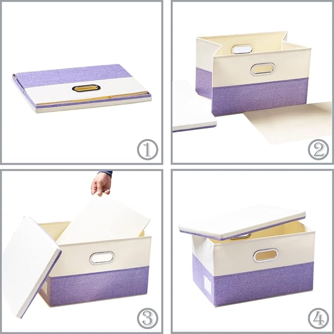 Large Foldable Storage Bins with Lids [3-Pack] linen Fabric Decorative Storage Boxes Organizer Containers Baskets Cube with Handles Divider for Bedroom Closet Purple&Cream(17.7x11.8x11.8) - Image 5