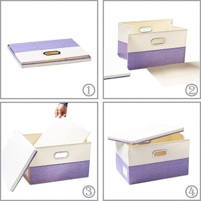 Collapsible Storage Bin with Lid [3-Pack] Fabric Foldable Storage Box Organizer Container Basket Cube with Cover for Home Bedroom Closet Office Nursery Purple&Cream(14.9x9.8x9.8) - Image 5