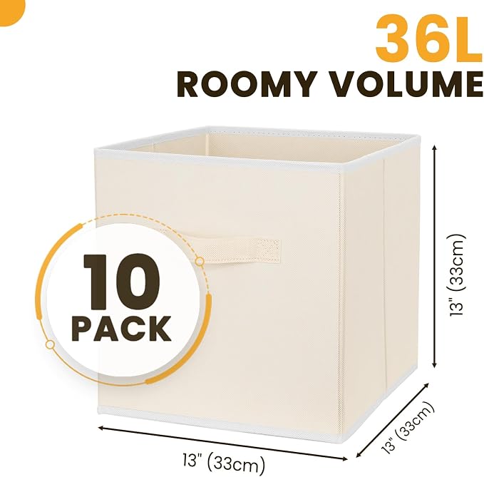 Large Storage Cubes, 13 Inch Cube Storage Bins for Shelves Closet Nursery Bedroom - 10 Pack Collapsible Storage Baskets with Handles - Fabric Bins for Organizing Magazines Clothes Toys (Beige) - Image 2