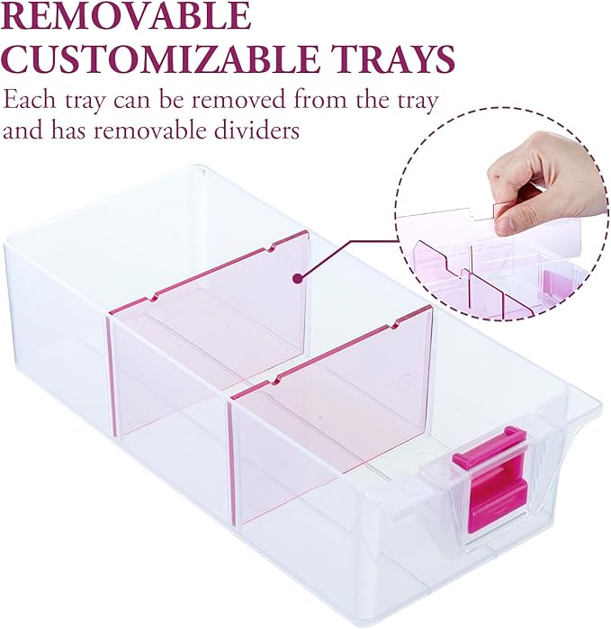 MyGift 11 Inch Clear Arts and Crafts Stackable Container, Sewing Supplies Storage Organizer Case with Pink Accents, 24 Customizable Compartments, and 6 Drawers with Removable Dividers - Image 3