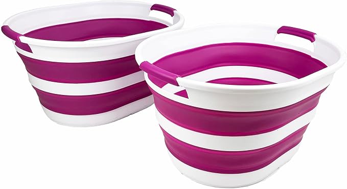 SAMMART 23L (6 Gallons) Collapsible Plastic Laundry Basket - Oval Tub/Basket - Foldable Storage Container/Organizer - Portable Washing Tub (White/Purple (Set of 2)) by SAMMART