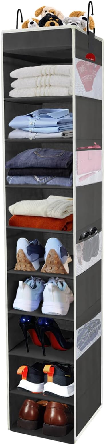Large-Sized Hanging Shoe Organizer 10-Shelf, Sturdy Hanging Closet Organizer with 8 Side Pockets, Wider Hanging Shelves for Storage Shoes Clothes Jeans Shirts Toys, Black by ROOMTALK