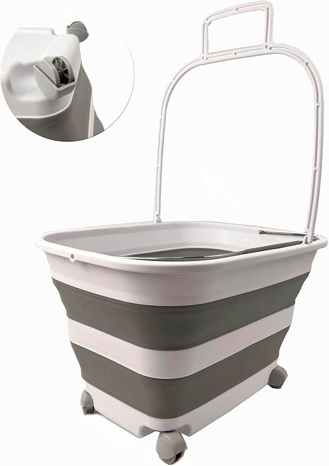 SAMMART 35L (9.24 Gallons) Collapsible Plastic Laundry Basket with Handle and Wheels - Foldable Pop Up Storage Container/Washing Tub - Space Saving (1, White/Grey) - Image 3