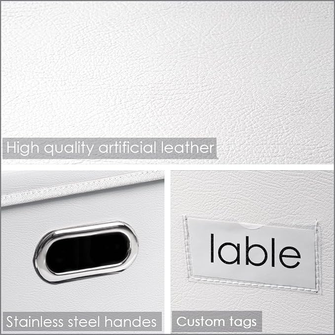 Collapsible Storage Box with Lid [3-Pack] Leather Fabric Foldable Storage Bin Organizer Container Basket Cube with Cover for Home Bedroom Closet Office Nursery White(13.6x9.6x6.9) - Image 3