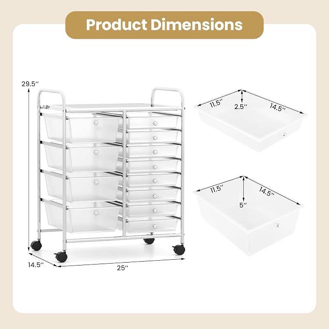 12 Drawer Rolling Storage Cart, Rolling Cart with Drawers for Classroom, Art Supply Craft Organizer on Wheel with Metal Frame & Handles for Home Office School (Clear, 12 Drawer Left-Right) - Image 3