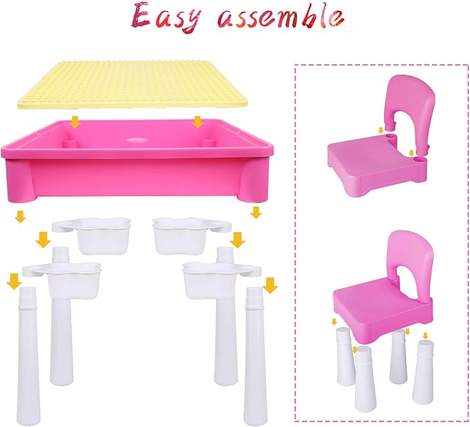 burgkidz Toddler Building Table Set: 1 Chair 128 Blocks 4 Storage Bin Pink | Leakproof top sand/water. Sturdy ABS, smooth edges. 4 storage bins (1/leg) & 128 bricks. Ideal 3+ yrs. Great gift - Image 5