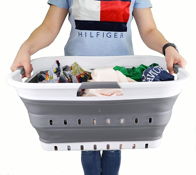 SAMMART 42L (11 gallon) Collapsible Plastic Laundry Basket - Foldable Pop Up Storage Container/Organizer - Portable Basket - Space Saving Hamper/Basket (2, White/Dark Grey) - Image 7
