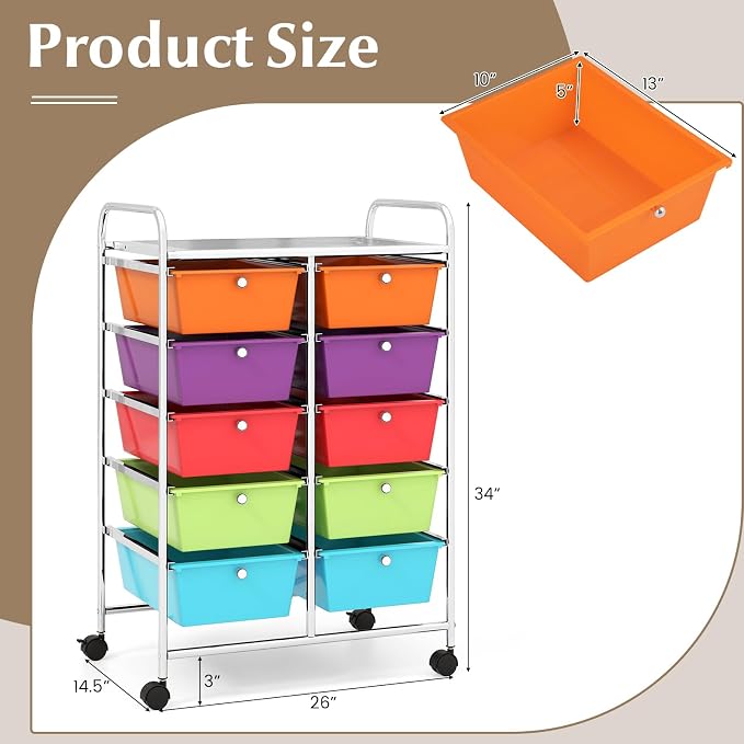 Moccha 10-Drawer Rolling Storage Cart - Storage Drawers Organizer with wheels for Craft Art Supply Paper Salon, Scrapbook Paper Tools, Under Desk Cabinet on Wheels for Classroom Office Home School - Image 3
